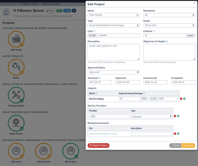 Add and track projects at your assets.