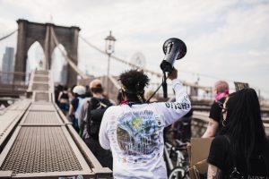 People protesting at Brooklyn Bridge