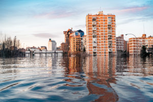 Hypothetical flood of water in Madrid due to the effects of glob