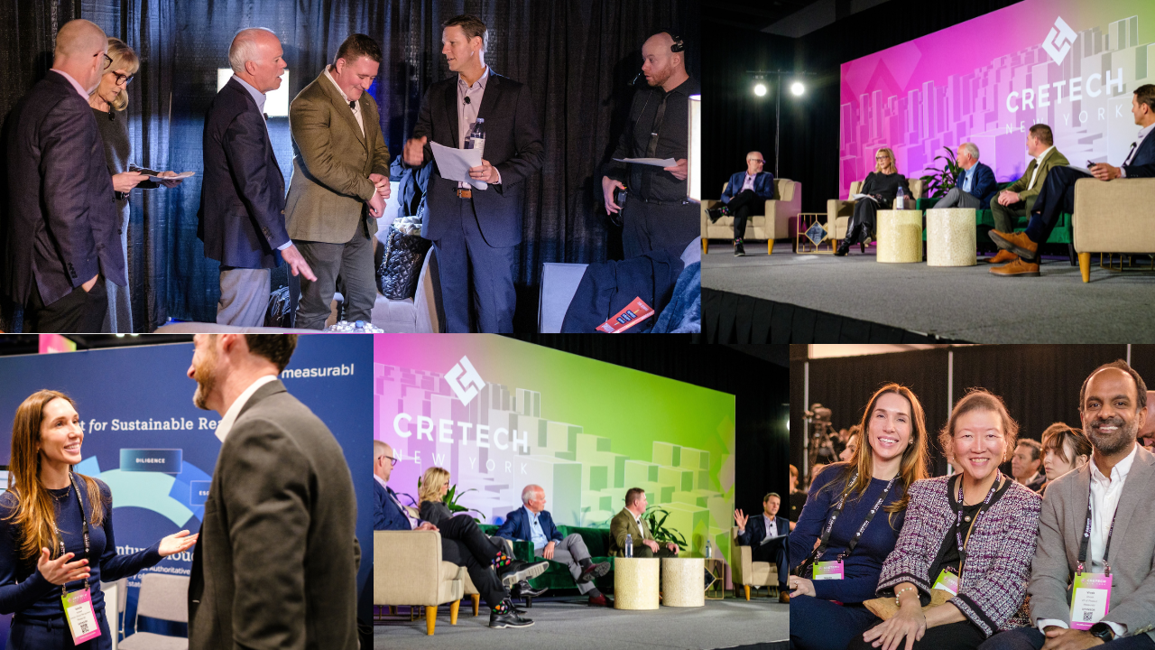 Measurabl's CEO and Co-founder Matt Ellis moderates a panel at CRETech NYC 2024 with BXP Panelists, Jim Whalen, Ben Myers, Colin Joynt, Karen Baker.